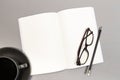 Blank Hard Cover Of Magazine, Book, Booklet, Brochure with coffee cup pencil and glasses. Mock Up Template Ready For Your Design Royalty Free Stock Photo