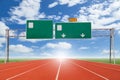 Blank highway and road sign with Running track green grass and