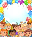 Blank holiday banner with balloons and funny kids