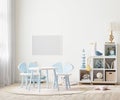 Blank horizontal frame in Bright children`s room with kids table and shelves near window, kids furniture, 3d rendering Royalty Free Stock Photo