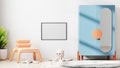 Blank horizontal frame mock up in modern children room interior background with white wall, scandinavian kids room interior, Royalty Free Stock Photo