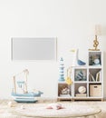 Blank horizontal frame mock up in scandinavian style children`s room interior with kids shelf with books and toys, 3d rendering Royalty Free Stock Photo