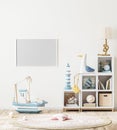 Blank horizontal frame mock up in scandinavian style children`s room interior with kids shelf with books and toys, 3d rendering Royalty Free Stock Photo