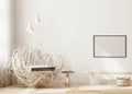 Blank horizontal frame mock up on wall in modern living room interior background in light beige tones, 3d rendering Royalty Free Stock Photo