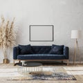 Blank horizontal frame mock up on wall in modern living room luxury interior design with dark blue sofa, decorative rug, floor