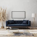 Blank horizontal frame mock up on wall in modern living room luxury interior design with dark blue sofa, decorative rug, floor Royalty Free Stock Photo