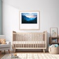 Blank horizontal frame mockup, nursery framed wall art, baby room art, empty frame for print, photo, wooden shelf,