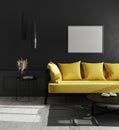 Blank horizontal picture frame mock up in modern luxury living room interior with black wall and bright yellow sofa, scandinavian Royalty Free Stock Photo