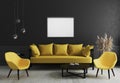 Blank horizontal picture frame mock up in Modern room interior background with black wall and stylish yellow sofa and design Royalty Free Stock Photo