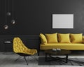 Blank horizontal picture frame mock up in Modern room interior background with black wall and stylish yellow sofa and design Royalty Free Stock Photo