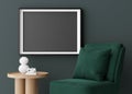 Blank horizontal picture frame mockup in dark room. Contemporary, modern style. Empty space for artwork, poster Royalty Free Stock Photo