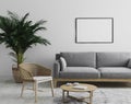 Blank horizontal picture frame mockup in modern interior living room background in gray tones with gray sofa and wooden armchair