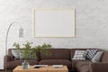 Blank horizontal poster frame on white brick wall in interior of living room with clipping path around poster. Royalty Free Stock Photo