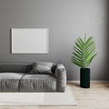 Blank horizontal white picture frame in modern living room interior background, scandinavian style living room mock up with gray Royalty Free Stock Photo