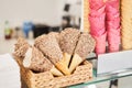 blank ice cream wafers. Waffle cones in an ice-cream shop, Italy. A variety of sugar-free vegan ice cream with natural Royalty Free Stock Photo