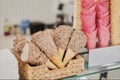 blank ice cream wafers. Waffle cones in an ice-cream shop, Italy. A variety of sugar-free vegan ice cream with natural Royalty Free Stock Photo