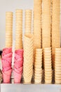 blank ice cream wafers. Waffle cones in an ice-cream shop, Italy. A variety of sugar-free vegan ice cream with natural Royalty Free Stock Photo