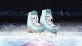 Blank ice rink surface blue skates background mockup, front view Royalty Free Stock Photo