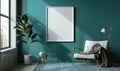 A blank image frame mockup on a muted teal green wall Royalty Free Stock Photo