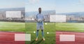 Blank infographic panels and Soccer player on grass with city Royalty Free Stock Photo