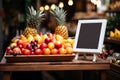 Blank information board on table with fruits and bokeh background, mockup