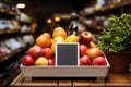 Blank information board on table with fruits and bokeh background, mockup