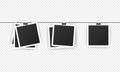 Blank instant photo frame set hanging on a clip.Realistic detailed photo icon design template. Black empty vintage photo frames Royalty Free Stock Photo