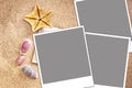 Blank instant photos frames on sand and seashells Royalty Free Stock Photo