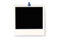 Single Polaroid photo frame with pushpin isolated on white background with shadow