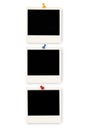 Vertical row of three polaroid photo frames with pushpin isolated on white background