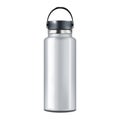 Blank insulated water bottle isolated on white background realistic vector mockup. Stainless steel shiny metal sport flask mock-up Royalty Free Stock Photo