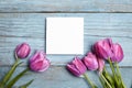 Blank invitation card mockup, white square greeting card with purple flower on blue wooden background, flat lay. Top view of a Royalty Free Stock Photo