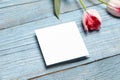 Blank invitation card mockup, white square greeting card with pink flower on blue wooden background. Frame your message with this