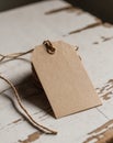 Blank Kraft Paper Tag With Rustic String Loop Resting on Weathered Wood Surface.
