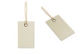 Blank Kraft paper tag tied for hang on product for show price or discount isolate on white background with clipping path. Royalty Free Stock Photo