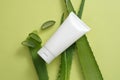 Blank label tube in white color arranged with some fresh Aloe vera slices and leaves
