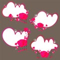 Rose flower sticker set. Blank cloud shape frames. Dangling hearts cloud labels. Set of 4 gradient outline clouds. Floral elements