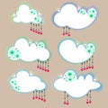 Beautiful gradient clouds. Blank label collection. Cloud frames. Set of 6 clouds. Dangling arrows and hearts. Vector pattern.