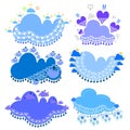 Fancy cloud shapes. Blank cloud labels. Set of 6 clouds. Clouds collection. Pattern frames. Kids book and cartoon element vector.