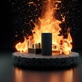 blank lavastone podium with fire splash decoration background.generative AI Royalty Free Stock Photo