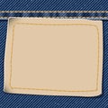 Blank leather badge on denim blue jean textile pattern background with gold seams and crease vector illustration