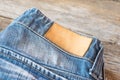 Blank leather jeans label on a blue jeans, wooden background. Royalty Free Stock Photo