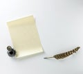 Blank letter, ink and feather quill on a white bac