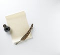 Blank letter, ink and feather quill on a white bac