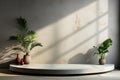 Blank light gray cement curved counter podium with texture, soft beautiful dappled sunlight, leaf shadow on wall.