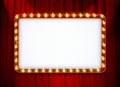 Blank light sign frame on red theatre curtain