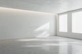 Blank light wall in sunny spacious empty room with big windows and concrete floor. 3D rendering Royalty Free Stock Photo