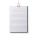 Blank lined paper sheet hanging from a pink binder clip isolated on white background Royalty Free Stock Photo