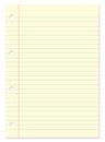 Blank lined yellow paper sheet from notebook on white background with blue lines, margin, holes and drop shadow with copy space