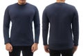 Blank long sleeved shirt mock up template, front and back view, Asian man wear plain dark navy blue t-shirt isolated on white. Tee